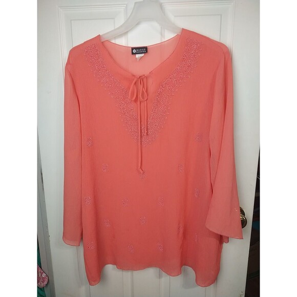 Maggie Barnes Woman 2X Semi Sheer Beaded Wide L/S Tunic Beachy Cottage - Picture 1 of 8